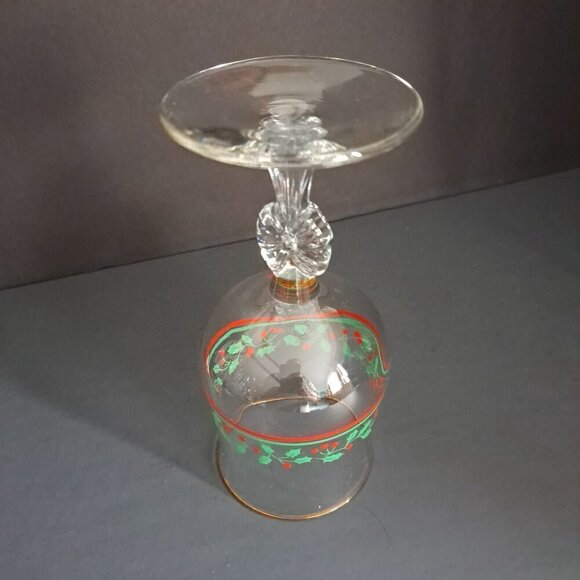 Vintage Holiday Glass Goblet Holly & Berry Design Gold Rim - Picture 10 of 11